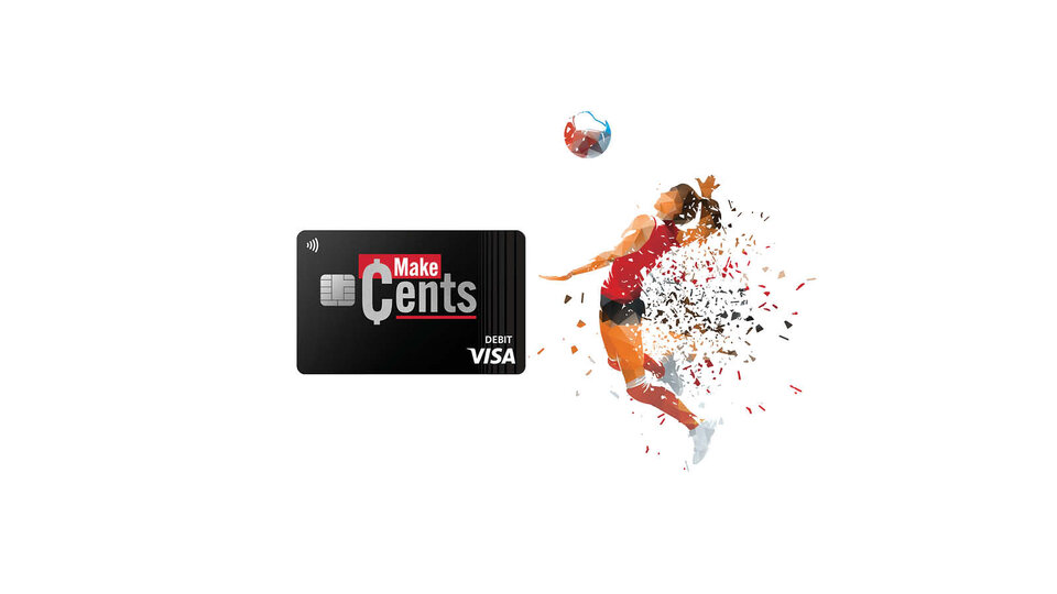 Visa debit card with "Make Cents" logo next to a volleyball player spiking a ball in mid-air.
