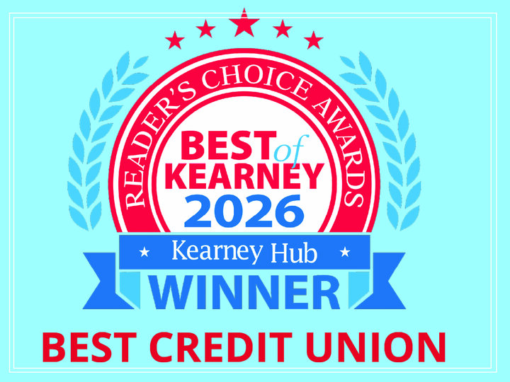 Award graphic with red, blue, and white text declaring "Best Credit Union 2026, Kearney Hub Winner."