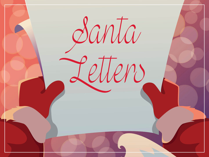 Santa holding a letter with "Santa Letters" in red script, festive background.