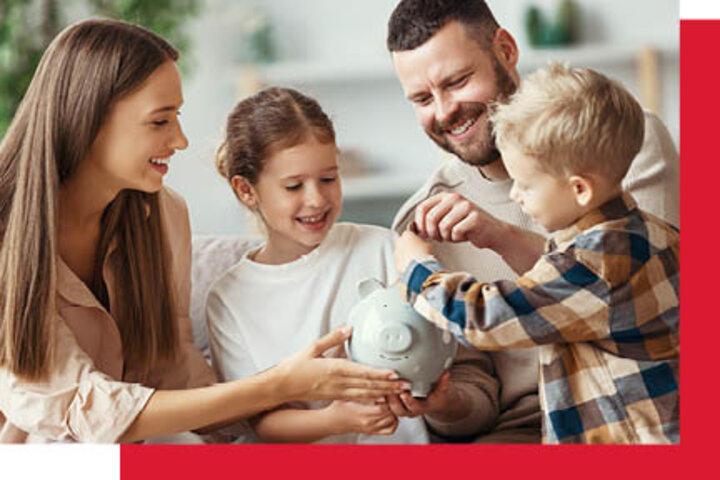 Family with piggy bank